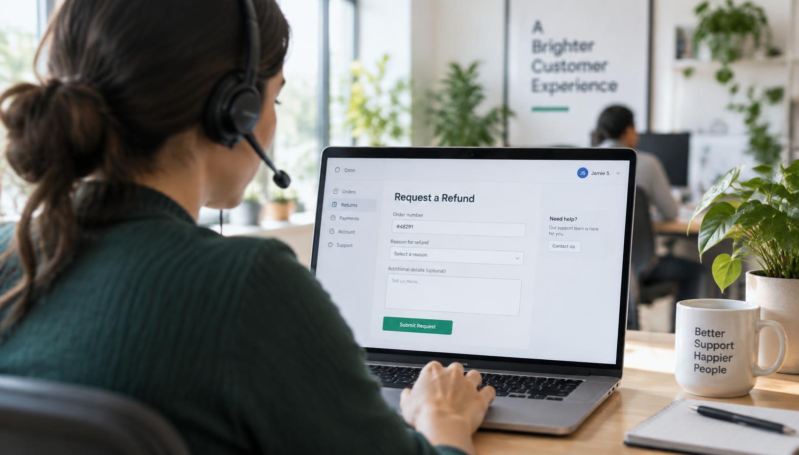 Customer care agent with headset creating a refund request during a call