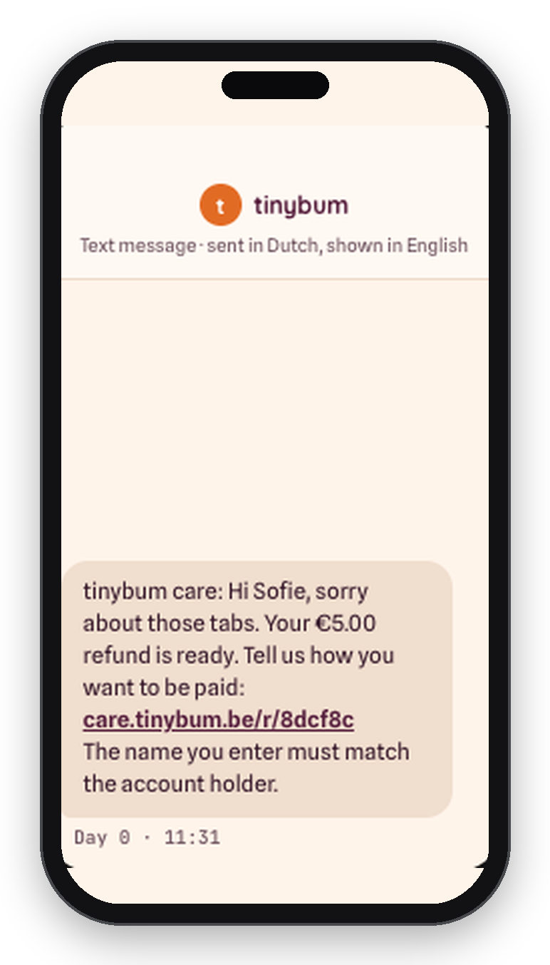Simulated text message telling a customer their refund is ready